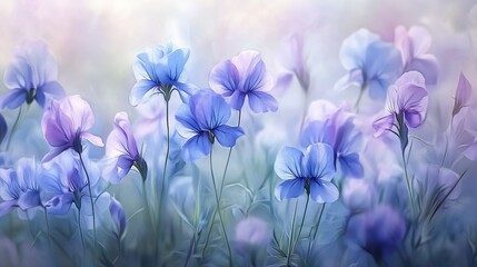 Poster - Blue flowers blooming in field, soft light, nature background, spring wallpaper