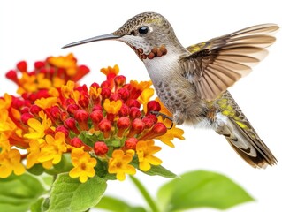 Wall Mural - A hummingbird hovering near vibrant flowers, showcasing nature's beauty and biodiversity.