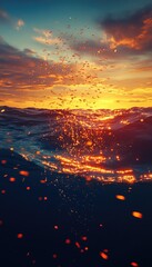 Wall Mural - A vibrant sunset over ocean waves, with sparkling water droplets reflecting light.