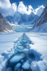 Photo réaliste d’un glacier massif avec fissures bleutées et montagnes enneigées