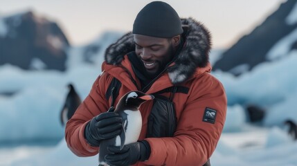 A man in an orange coat holding a penguin. The penguin is black and white. The man is smiling