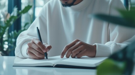 Wall Mural - a black man with glasses writes in a notebook. he sits at a table, there is a cup in front of him.