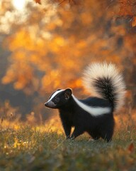 Wall Mural - A skunk stands in a grassy area with autumn foliage in the background.