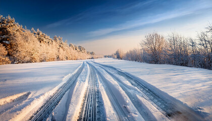 winter road covered snow and tracks of ar tires marks