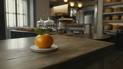 Wall Mural - Single Orange on Wooden Table in Bakery Setting