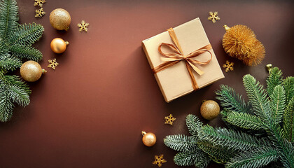 christmas background with christmas tree present box and holidays decorations flat lay image with copy space