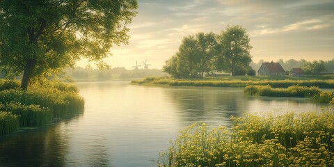 Canvas Print - Calm river sunrise, rural landscape, misty morning