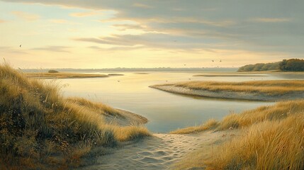 Wall Mural - Calm sunrise over coastal dunes, birds flying, peaceful landscape; nature scene