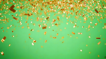 Wall Mural - Gold confetti falling from the sky on green screen background. Effect ready for chroma key. Festival, carnival, event, holiday and birthday