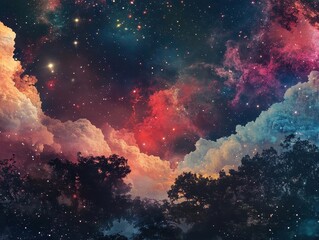 Wall Mural - cosmic fantasy landscape with colorful nebulas, distant galaxies and shimmering stars in deep space digital art composition