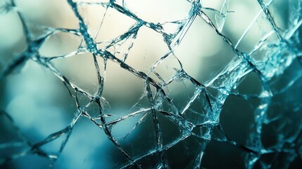 mesmerizing shattered glass window pattern with intricate web of cracks and broken fragments creating abstract art, dramatic natural light illuminating sharp edges