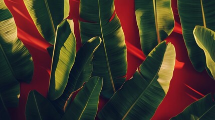 Wall Mural - Vibrant Green Banana Leaves on Red Background Tropical Summer Pattern