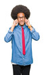 © Krakenimages.com - Young african american business man with afro hair wearing glasses and red tie covering ears with fingers with annoyed expression for the noise of loud music. Deaf concept.
