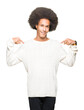 © Krakenimages.com - Young african american man with afro hair wearing winter sweater looking confident with smile on face, pointing oneself with fingers proud and happy.