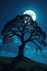 Wall Mural - Ancient tree branches creak in the wind under full moon, shadows, night, tree