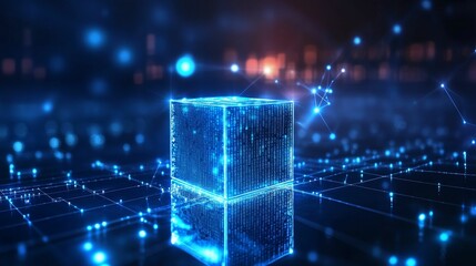 Glowing cube, digital code, network connections.
