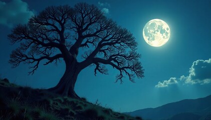 Wall Mural - Ancient tree branches creak in the wind under full moon, creepy trees, tree, wind
