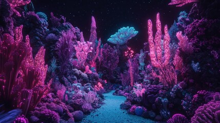 Wall Mural - glowing underwater coral reef scene.