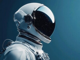 Wall Mural - futuristic astronaut profile portrait with reflective helmet visor showing cosmic space reflection and detailed spacesuit technology design