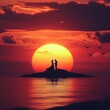 © Albert - A silhouette of a couple standing on a small island at sunset