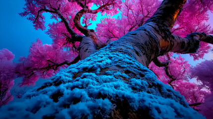 Sticker - A vibrant tree with pink leaves and a blue trunk, creating a surreal and enchanting atmosphere under a colorful sky.