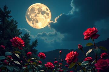 dark twisted thorns amidst blooming roses under full moon, darkness, garden, dark
