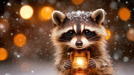 Poster - A raccoon holding a lantern in the snow