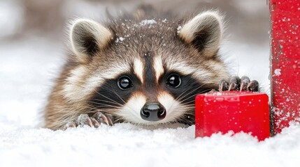 Poster - A raccoon peeking out from behind a red post in the snow