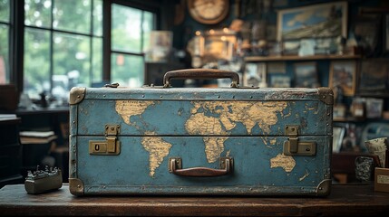 Vintage Suitcase Decorated With A World Map