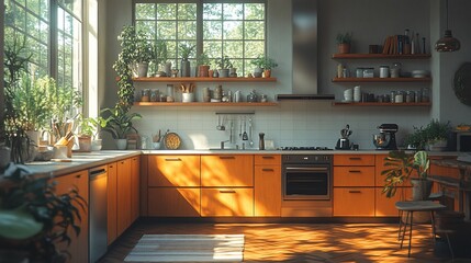 Wall Mural - Sunlit Modern Kitchen With Plants And Wooden Cabinets