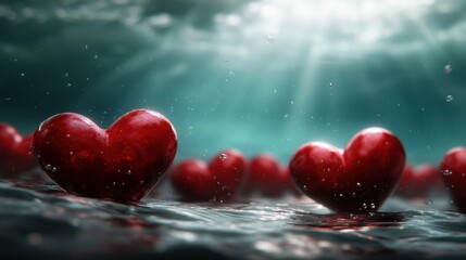 Poster - A group of red hearts floating in the water