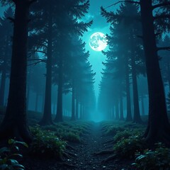 Wall Mural - Dark forest awakens under full moon's radiance, bioluminescent, mysterious, haunted forest