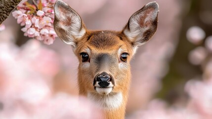 Poster -  A close up of a deer's face with pink flowers in the background