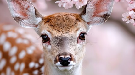 Poster - A close up of a deer with pink flowers in the background