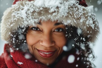 Poster - Santa Claus hat and scarf woman in snow