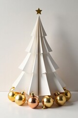 Wall Mural - Gold ornaments scattered around the base of a white paper Christmas tree, ornament, holiday