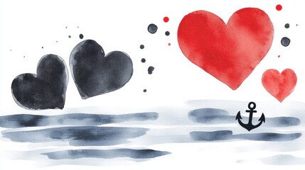 Wall Mural - A watercolor painting of three hearts and an anchor