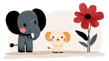 Poster - A couple of elephants standing next to each other near a flower