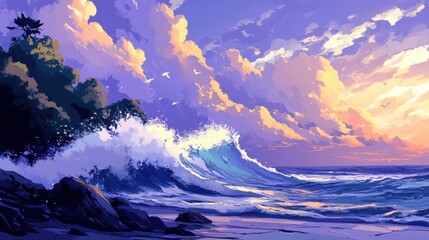 Wall Mural - dramatic ocean waves crashing on rocky shore at sunset.