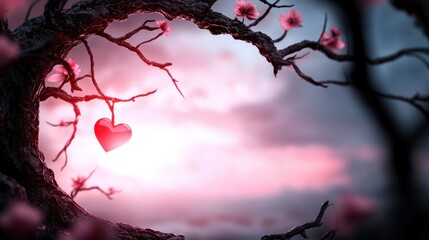 Poster - A red heart hanging from a tree branch with pink flowers