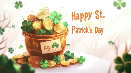 Wall Mural - Golden coins and clover in pot celebrating st. patrick's day