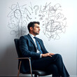 © Colton - businessman sitting on chair looking at a scribble on a wall feeling confused