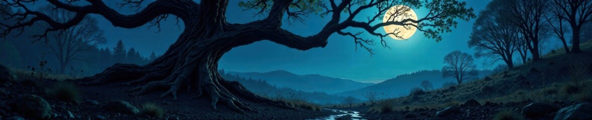 Wall Mural - Twisted tree branches cast long, ominous shadows, forest floor, moonlight