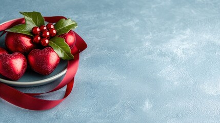 Poster - A plate of red strawberries with a red ribbon tied around it