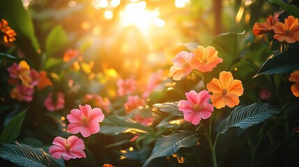 Wall Mural - Golden sunlight illuminates vibrant pink and orange flowers