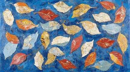 Wall Mural - Abstract Autumn Leaves Painting Blue Background Oil Texture