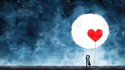 Poster - A couple holding a red heart shaped balloon in front of a full moon