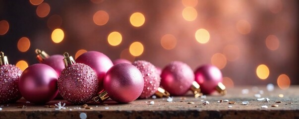 Wall Mural - Sparkling pink and clear glass ornaments scattered on a wooden mantel in front of a sparkling bokeh background, glow, sparkle, mantel