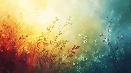 Wall Mural - Colorful abstract nature scene with vibrant wildflowers and soft light