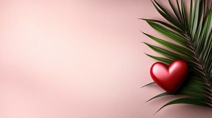 Poster - A red heart on a green leaf on a pink background